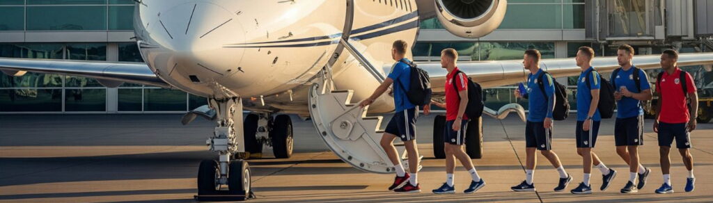 Sportteam läuft zum Flugzeug