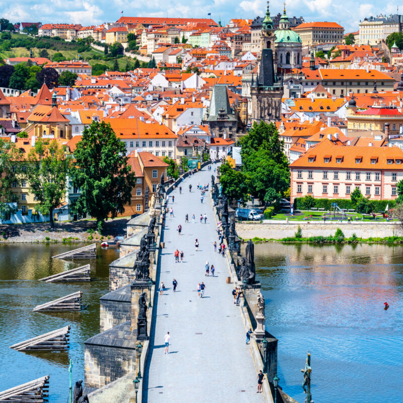 Prague panorama with Charles Bridge over Vltava River and Lesser Town. View from Old Town Bridge Tower, Czech Republic.